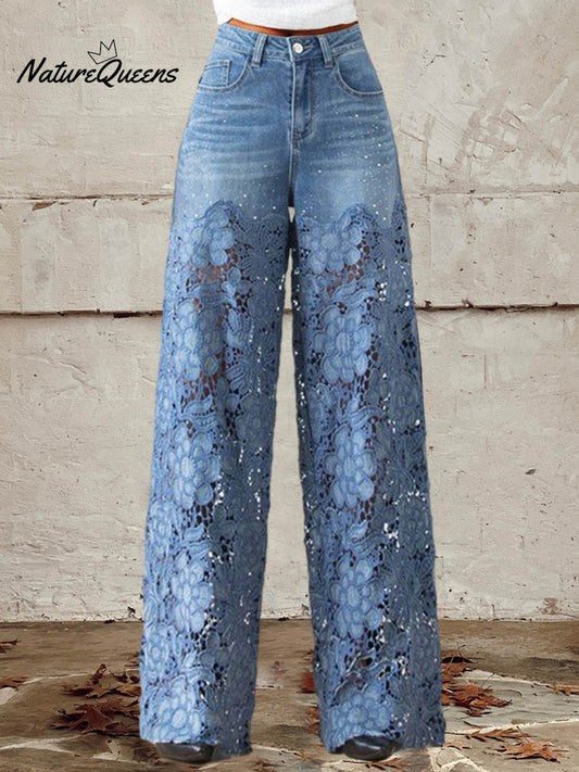 Mid Waist Buttoned Lace Patchwork Jeans