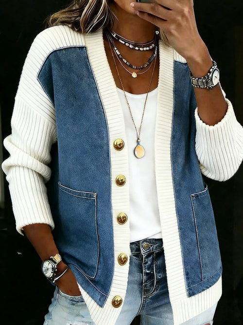 Casual Long-Sleeve Denim Patchwork Knit Cardigan
