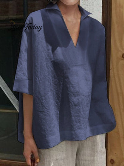 V-Neck Cotton and Linen Solid Colour Loose Mid-Sleeve Shirt