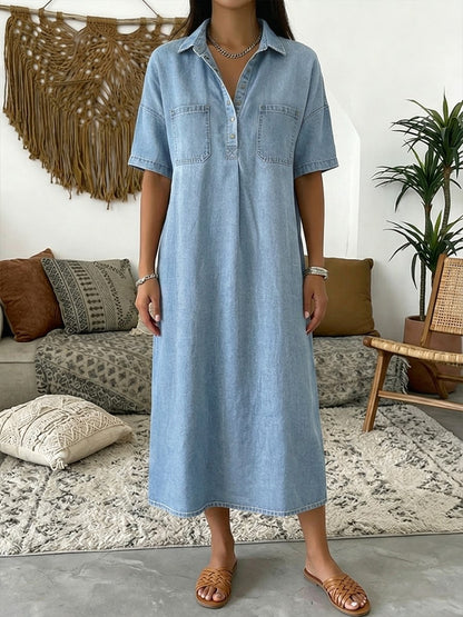 Casual Short-Sleeved Polo Collar Denim Dress