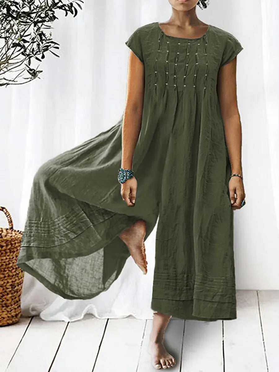 Solid Color Art Casual Short-Sleeve Cotton Linen Jumpsuit