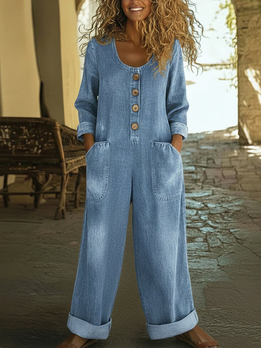 Casual V-Neck Button-Up Denim Jumpsuit Overalls