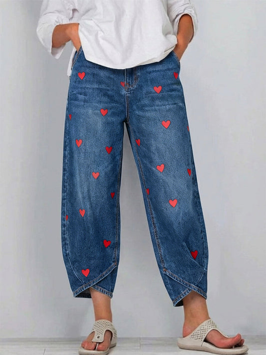 Valentine's Day Heart Art Prints Casual Denim Cotton Pants