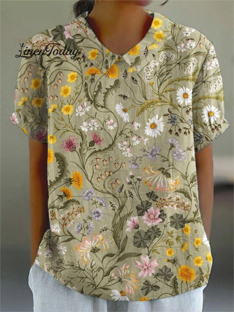 Retro Floral Art Print Casual Cotton and Linen Shirt