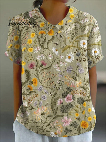 Retro Floral Art Print Casual Cotton and Linen Shirt