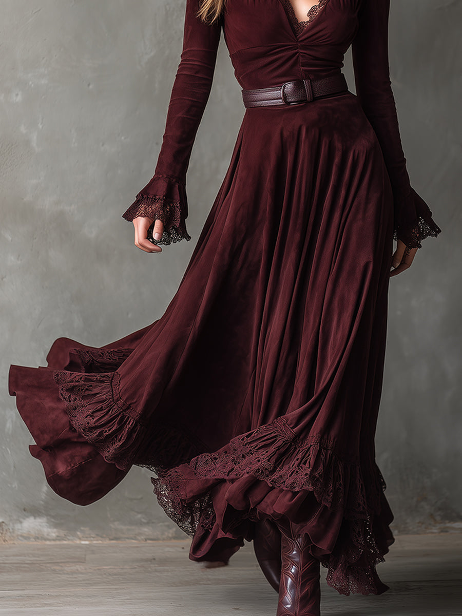 Quiet Luxury Suede Lace Ruffled Hem Maxi Dress
