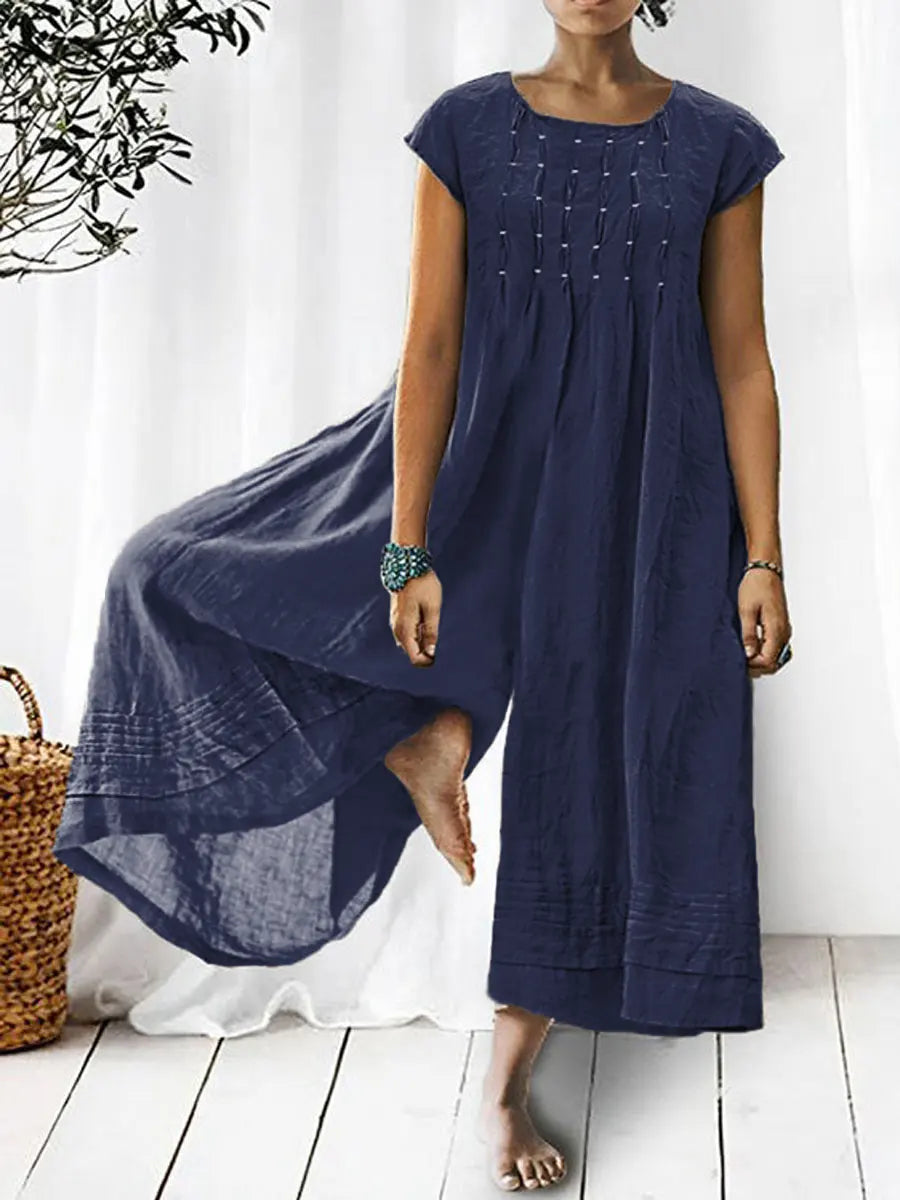 Solid Color Art Casual Short-Sleeve Cotton Linen Jumpsuit
