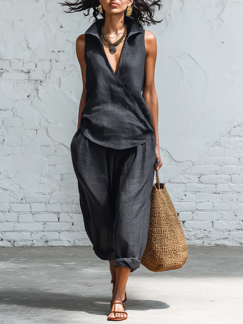 Minimalist Collared Shirt and Wide-Leg Pant Linen Two-Piece Set