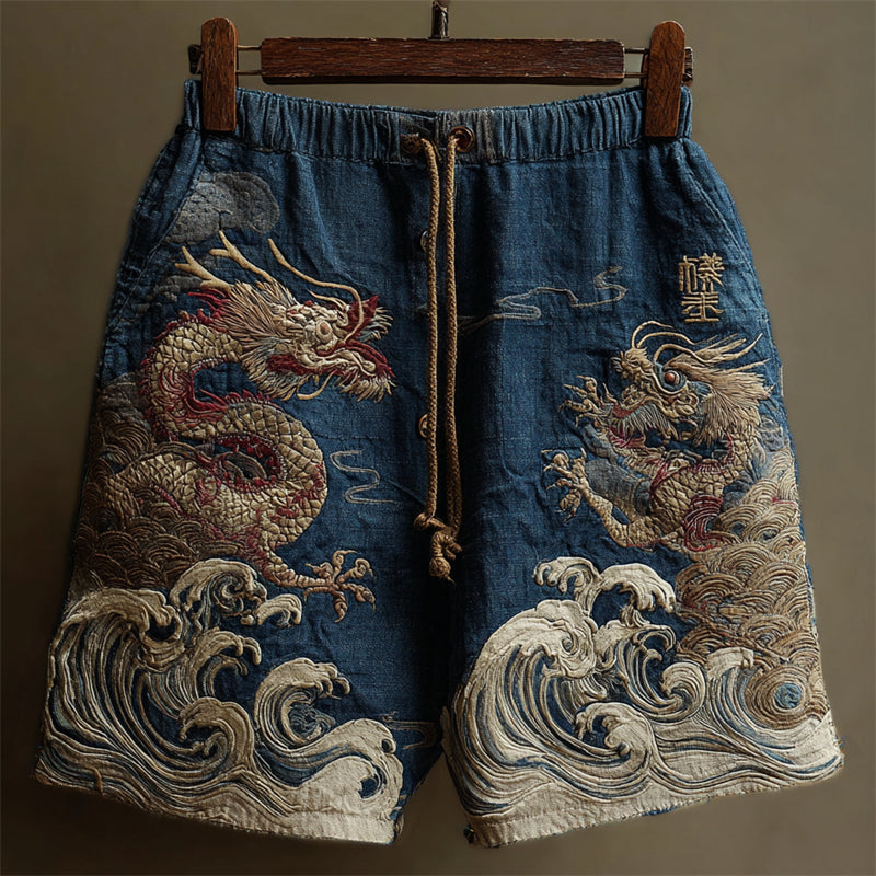 Japanese Dragons and Sea Waves Embroidered Linen Shorts
