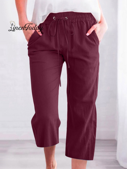 Casual Summer Linen Pants High-Waisted Loose Yoga Sweatpants Crop Pants with Pockets