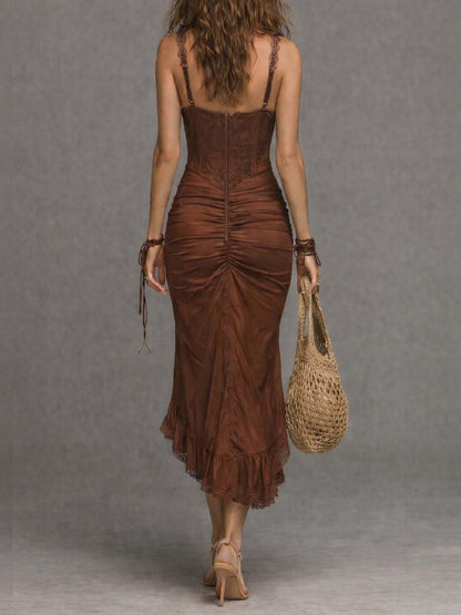 Bohemian Lace Trim Corset Ruched Midi Dress