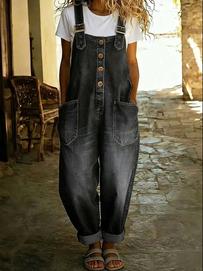 Casual Denim Jumpsuit with Adjustable Buckle