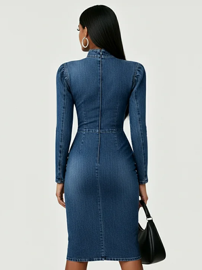 Elegant Multi-Layered Ruffle Hem Denim Dress