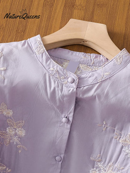 Art Retro Embroidery 3/4-Sleeve Patchwork Shirt