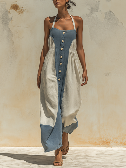 Halter Neck Colorblock Wide-Leg Jumpsuit