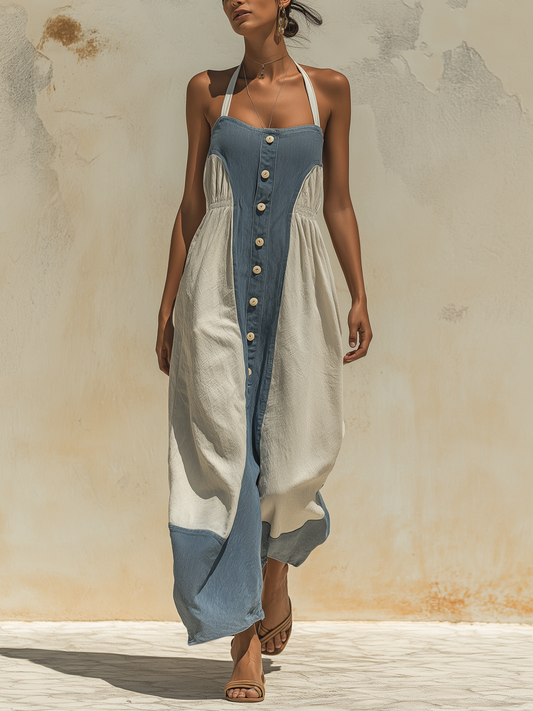 Halter Neck Colorblock Wide-Leg Jumpsuit