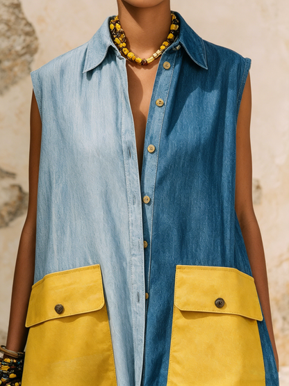 Oversized Colorblock Denim Sleeveless Maxi Shirt Dress with Statement Pockets