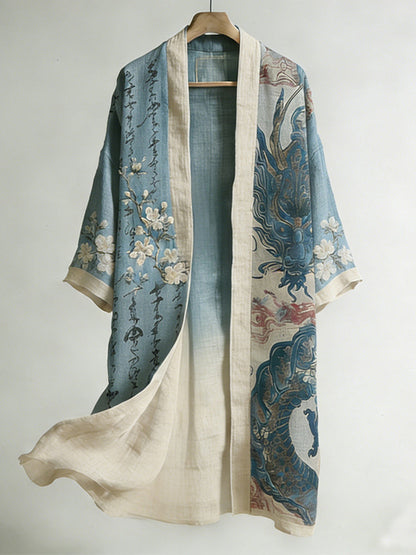 Retro Floral Calligraphy and Dragon Pattern Linen Long Kimono