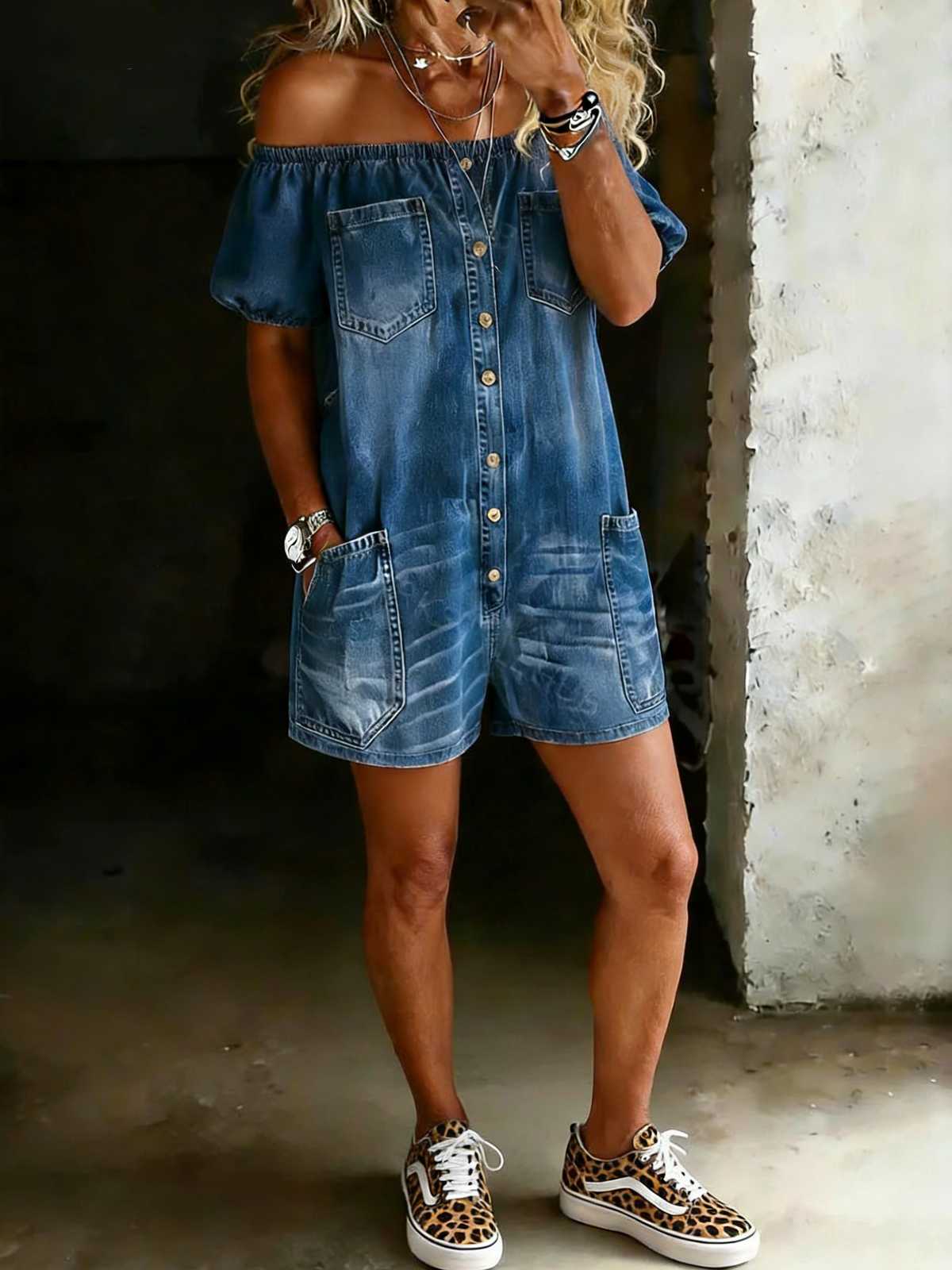 Blue Denim Off-Shoulder Jumpsuit Shorts