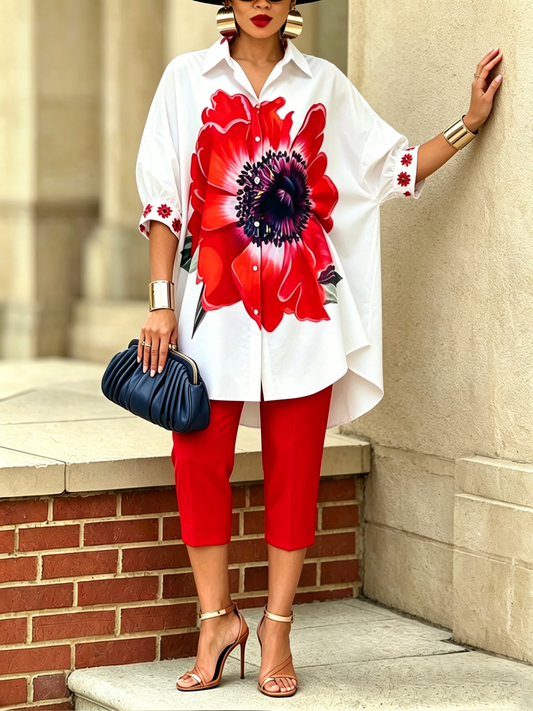 Artistic Stylish Scarlet Bloom Shirt and Pants Two-Piece Set