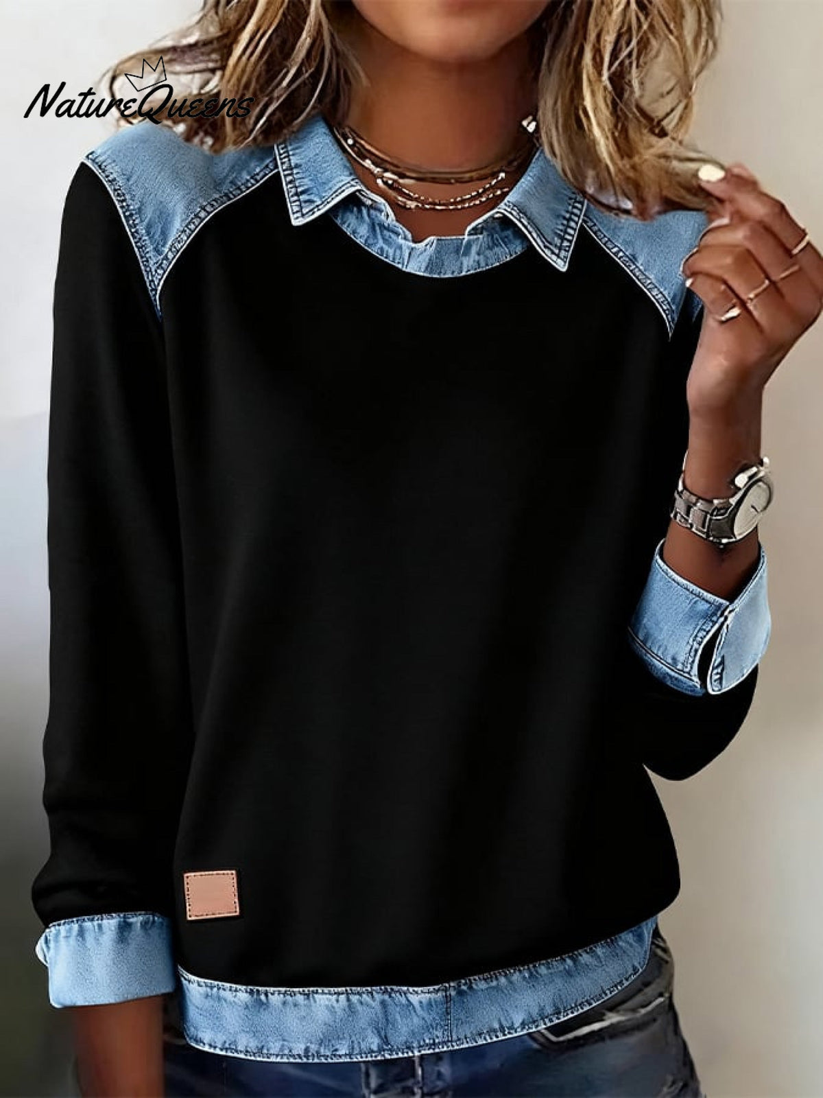 Casual Lapel Denim Stitching Pullover Sweatshirt