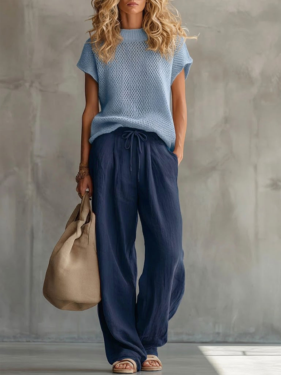 Casual Knitted Pullover Top and Linen-Cotton Trousers Two-Piece Set