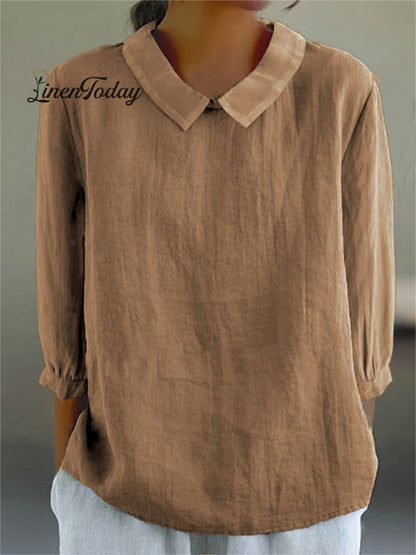 Solid Color Casual Cotton and Linen 3/4-Sleeve Shirt