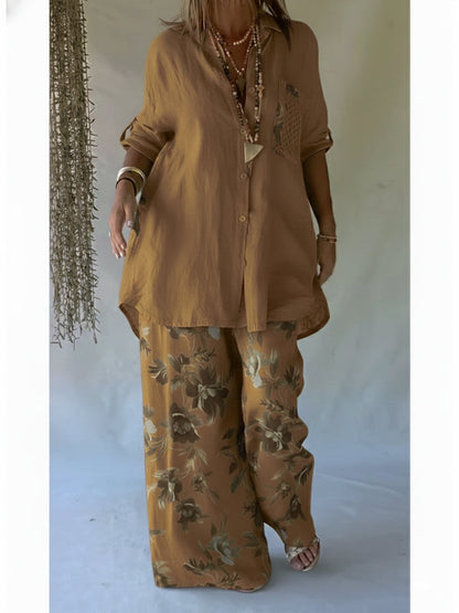 Casual Floral Print Linen and Cotton Shirt and Trousers Two-Piece Set