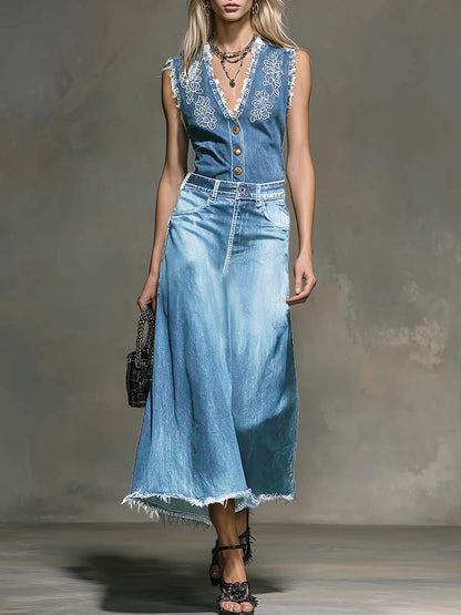 V-Neck Sleeveless Denim Top and High-Waisted Casual Loose Denim Skirt Set