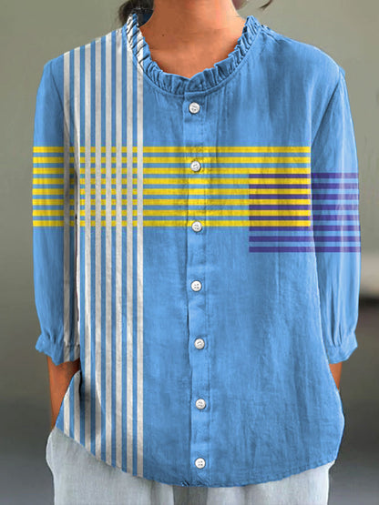 Colorful Abstract Geometric Stripes Art Print Casual Cotton and Linen 3/4-Sleeve Shirt