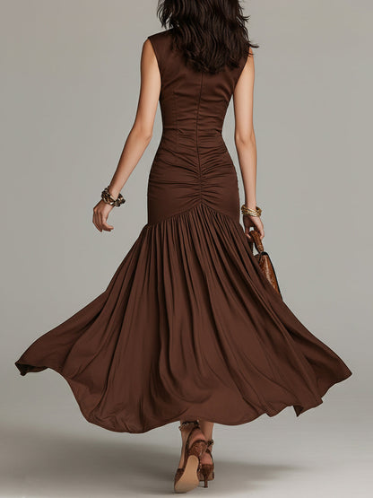 Vintage Stand-Collar Satin Pleated Fishtail Maxi Dress