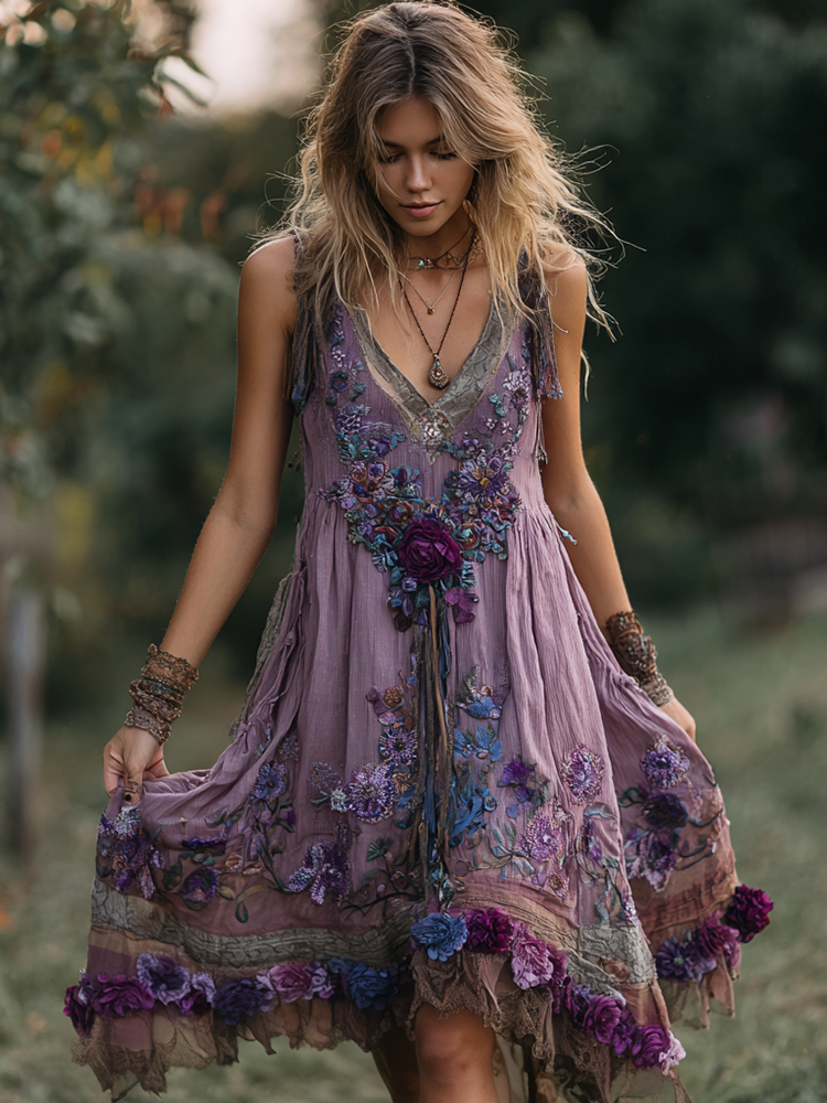 Vintage Floral Embroidery Art Sleeveless Dress