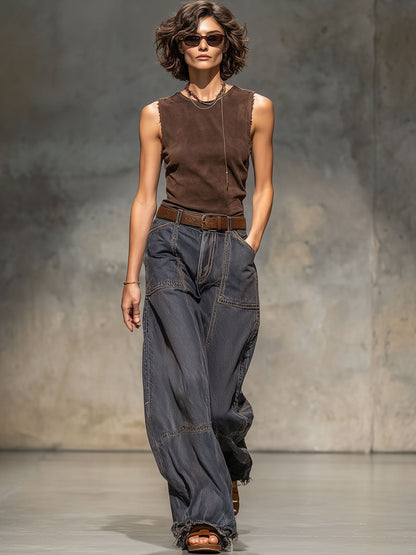 Relaxed Loose Vintage Raw Edge Dark Grey Wide-Leg Jeans