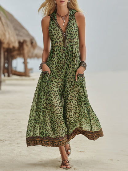 Retro Casual Green Leopard Print Art Hooded Midi Dress