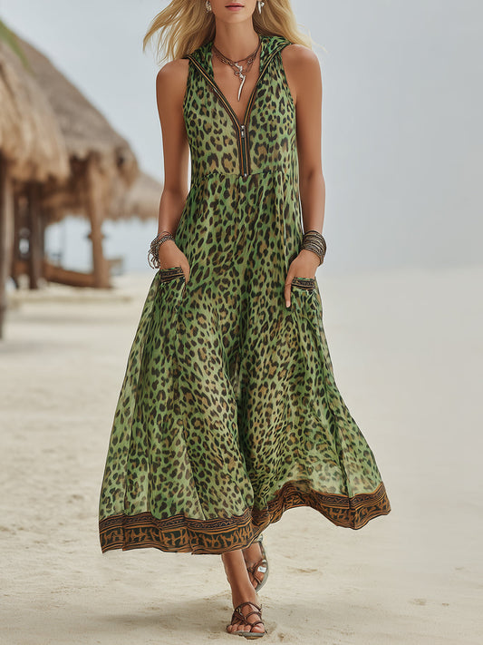 Retro Casual Green Leopard Print Art Hooded Midi Dress