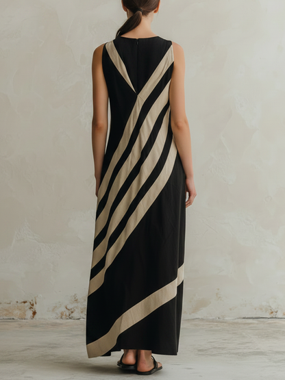 Black and Beige Diagonal Striped Sleeveless Maxi Dress