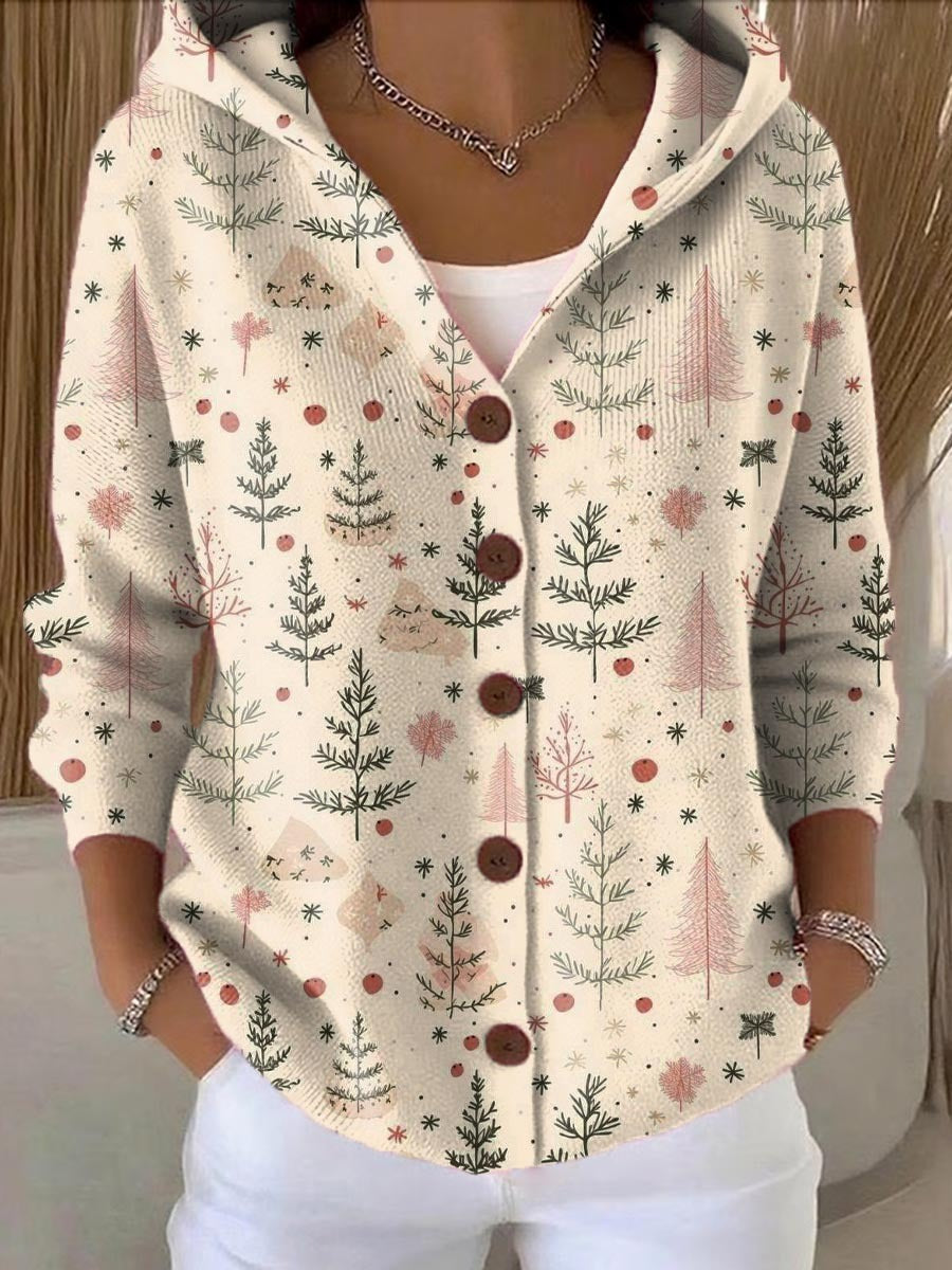 Christmas Tree Art Print Buttoned Cardigan Sweater
