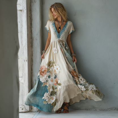 Vintage Oil Painting Floral Art Stitching Linen Dress