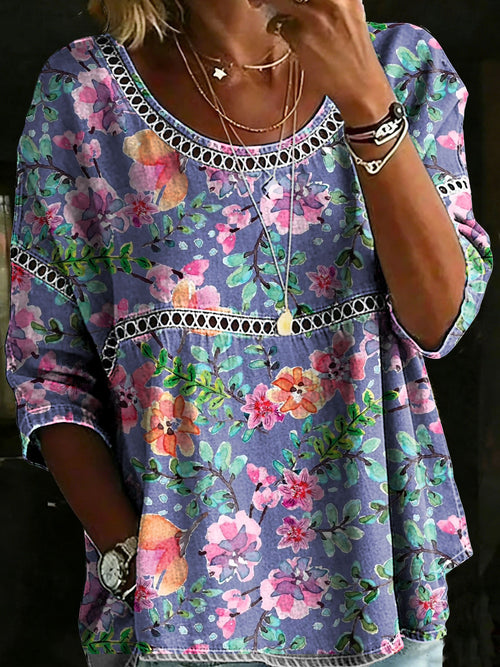 Vintage Floral Casual Loose Denim Blouse Shirt