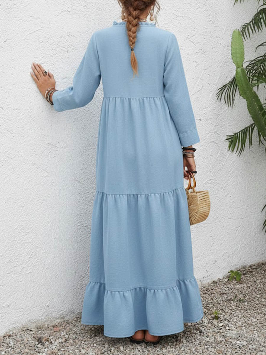 Solid Color Round Neck Long-Sleeve Casual Loose Cotton Linen Dress
