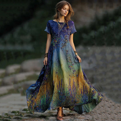 Vintage Lavender Embroidered Sequin Gradient Flowing Linen Maxi Dress