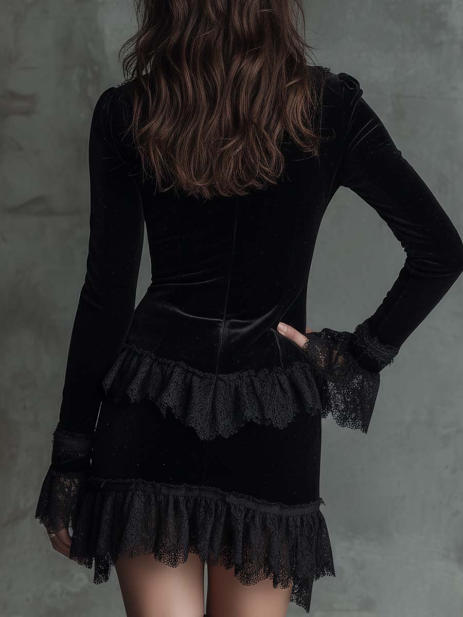 Black Velvet Mini Dress with Lace Trim