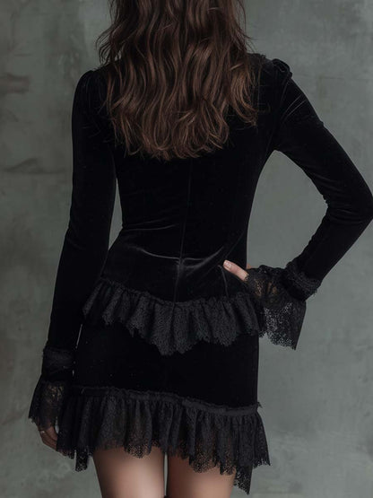 Black Velvet Mini Dress with Lace Trim