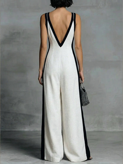 Patchwork Linen and Cotton Sleeveless Jumpsuit
