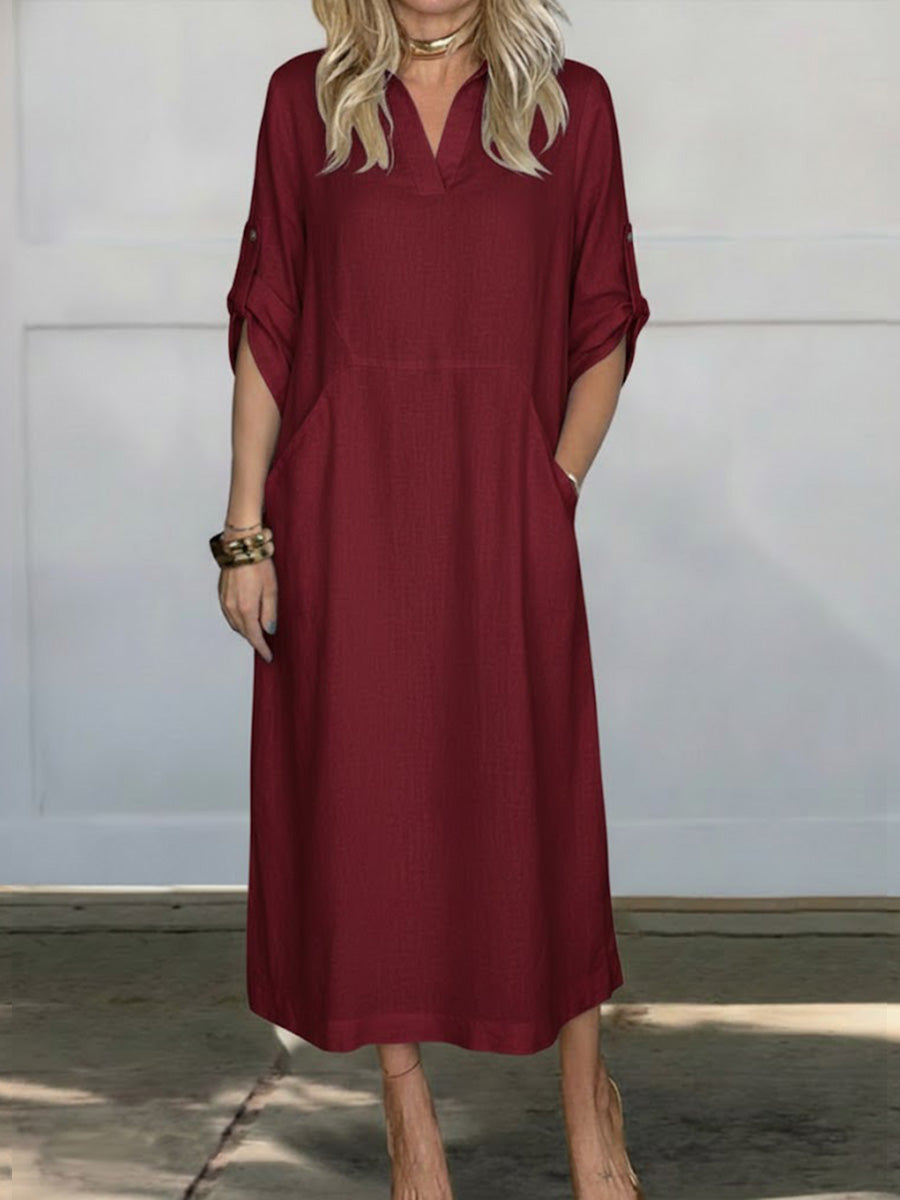 Solid Color Lapel Long-Sleeved Casual Loose Linen Dress