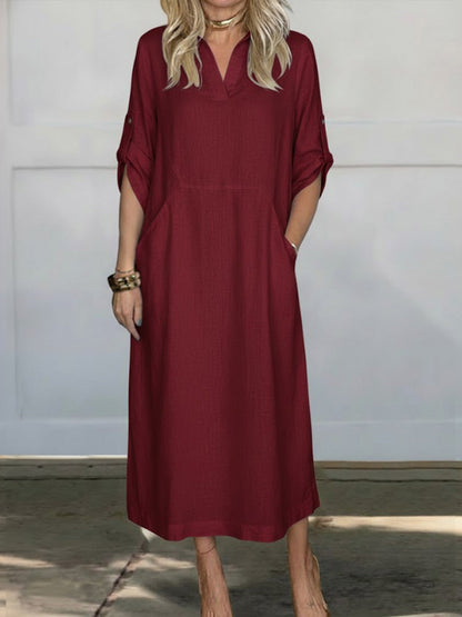 Solid Color Lapel Long-Sleeved Casual Loose Linen Dress