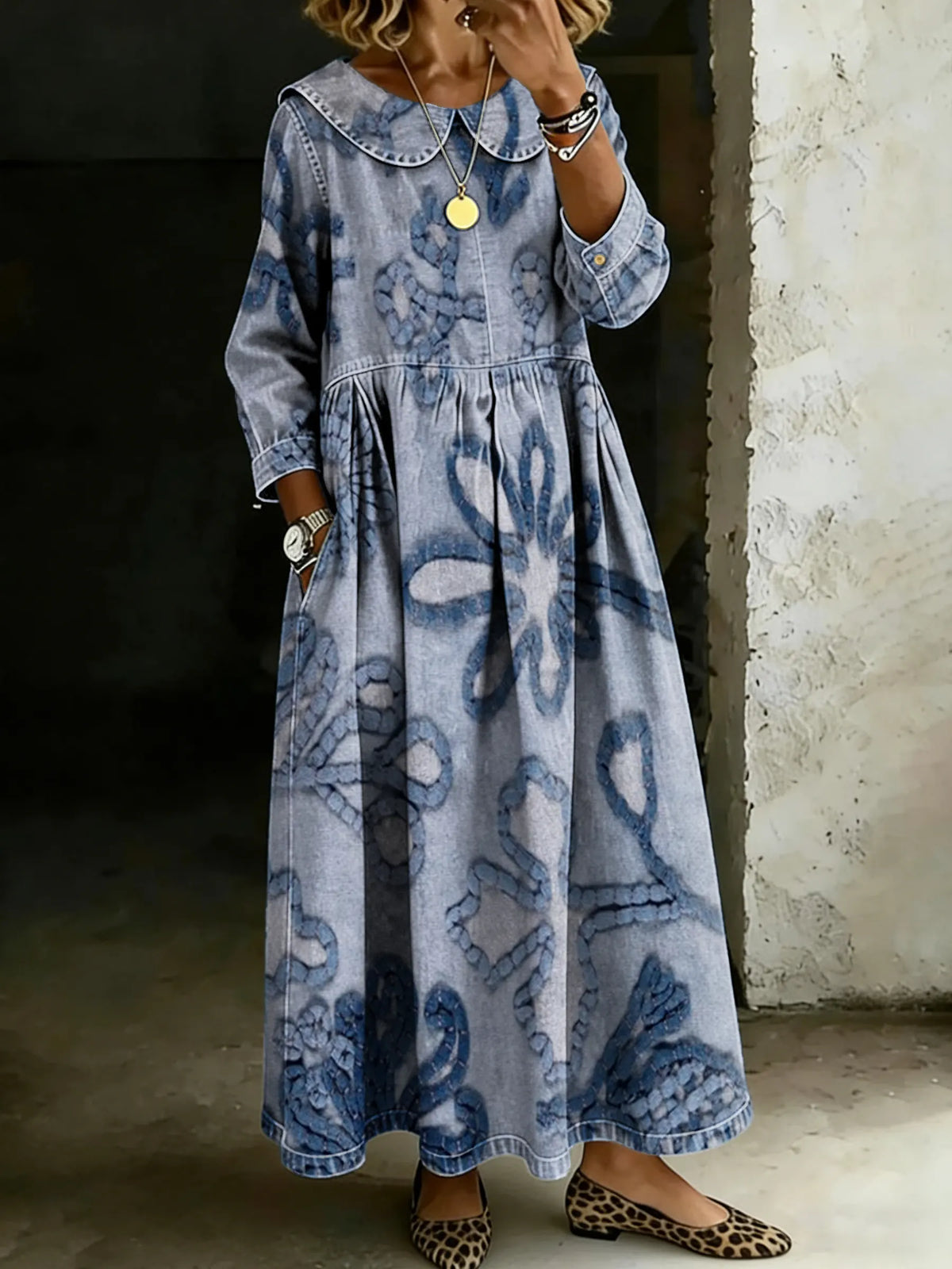 Retro Blue Floral Splicing Long-Sleeved Loose-Fitting Casual Denim Dress
