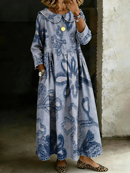 Retro Blue Floral Splicing Long-Sleeved Loose-Fitting Casual Denim Dress