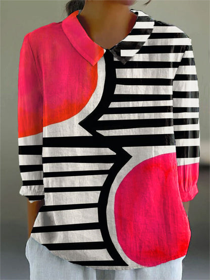 Vintage Abstract Geometry Print Casual Cotton and Linen 3/4-Sleeve Shirt