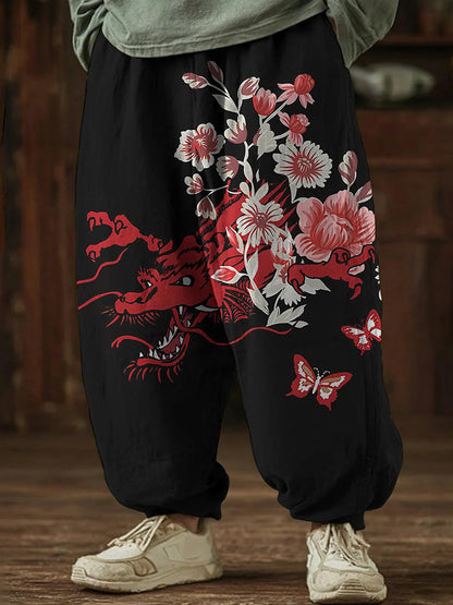 Men's Dragon and Cherry Blossom Japanese Art Print Casual Pants